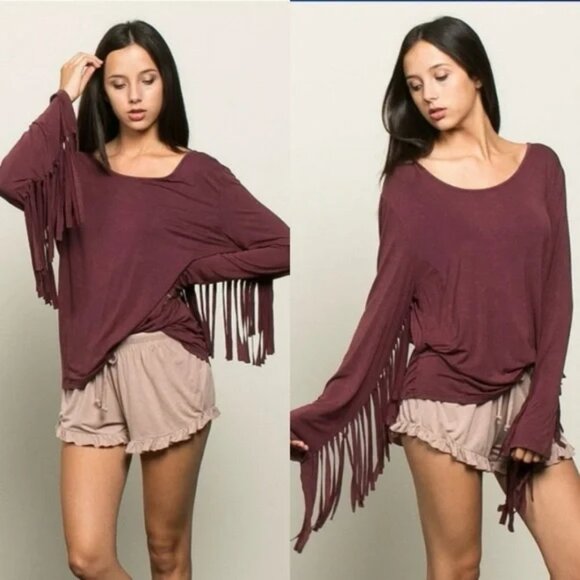 POL Fringed Mineral Washed Top  - Burgundy NWOT - Picture 1 of 2